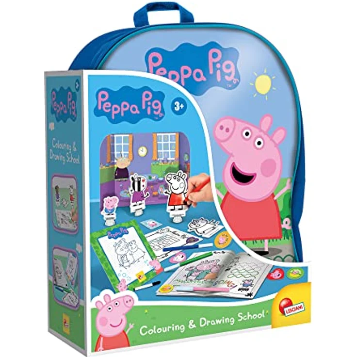Lisciani Peppa Wutz Mal- und Zeichenschule, Kreativset mit Rucksack, 2 abwischbare Zeichentafeln, 4 doppelseitige Szenarien, 8 Figuren, bunte Stifte, Made in Italy – Bild 1