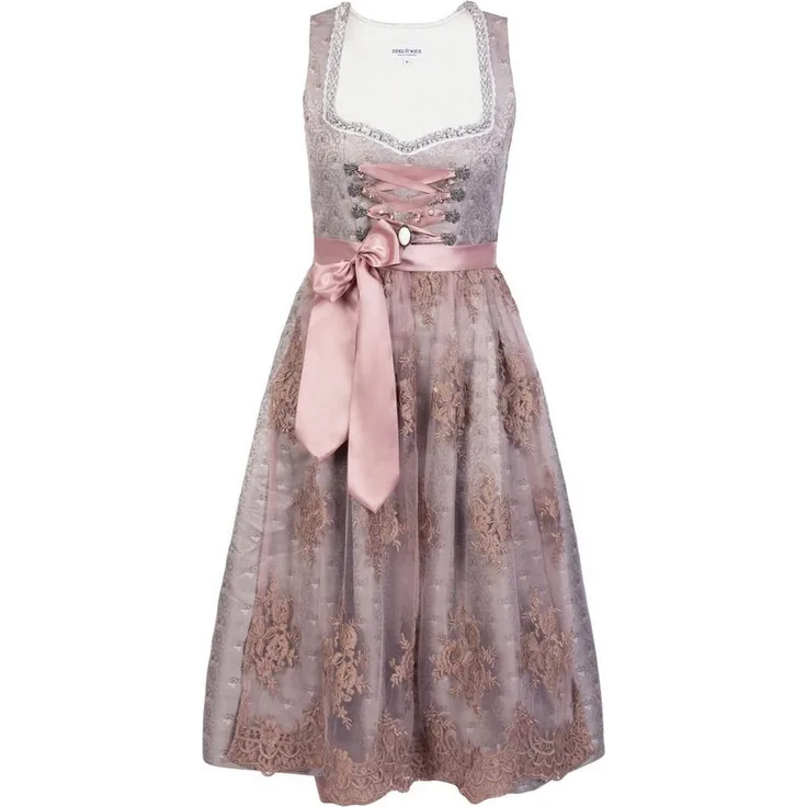 Edelnice Dirndl Aurelie, langes Trachtenkleid mit edlem Silberglanz und Rose-Tönen