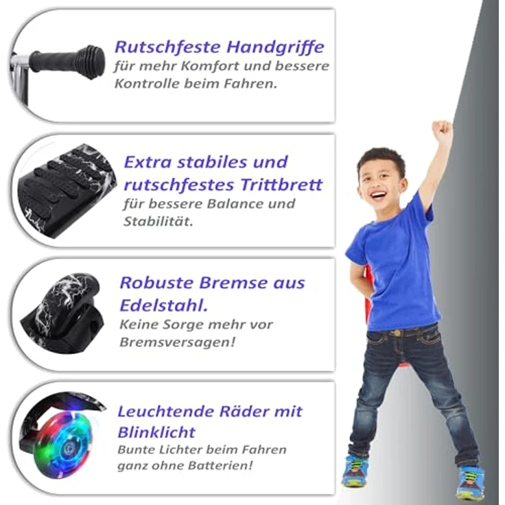 Habib Gruppe Kinderroller 3-Räder, Kinderscooter mit LED-Rädern, Höhenverstellung, rutschfest, für 3-8 Jahre, max. 50 KG – Bild 4