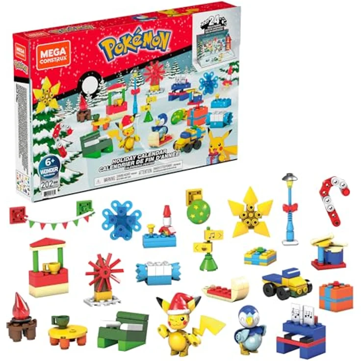 Mattel MEGA Pokémon Bauspielzeug Set, Ferienkalender mit 202 Teilen, 2 posierbaren Figuren und Zubehör, für Kinder, GYG99 – Bild 1