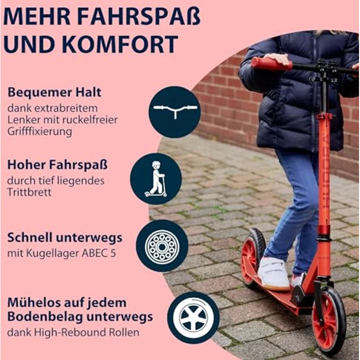 Hudora Scooter 14452 Up 200, höhenverstellbar, Alu-Leichtbauweise, 200mm Rollen, rot – Bild 4