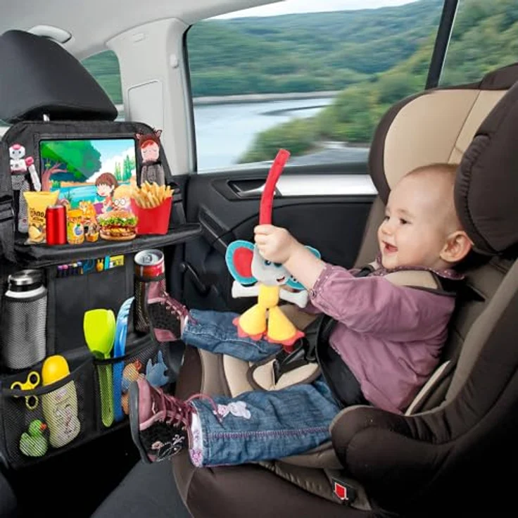 BillyBath Rückenlehnenschutz Auto Kinder, 10 Zoll Tablet-Tasche, wasserdicht, 600D Oxford Stoff, mit Klapptisch und 10 Aufbewahrungsfächern, 62 x 42 cm – Bild 4