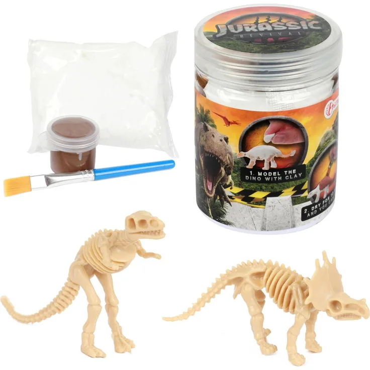 Toi-Toys Jurassic Revival Set, Dino Klei DIY Bastelset mit Malutensilien und 2 Dinosaurierskeletten