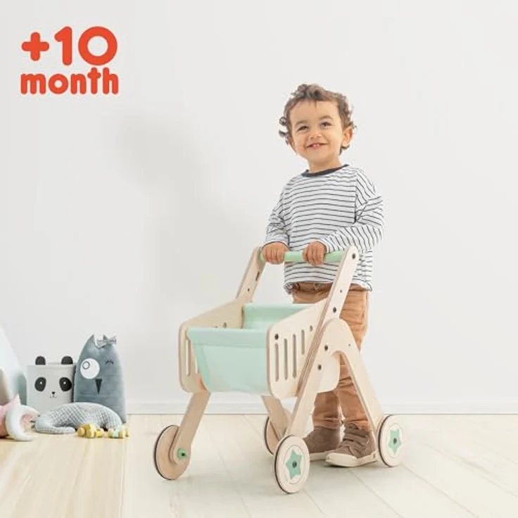 Mamatoyz 04TSHP Trio Shopper Einkaufswagen, Spielzeug, Lauflernhilfe aus natürlichem Birkensperrholz, erste Schritte, Laufen lernen, mit verstellbaren Rädern – Bild 2