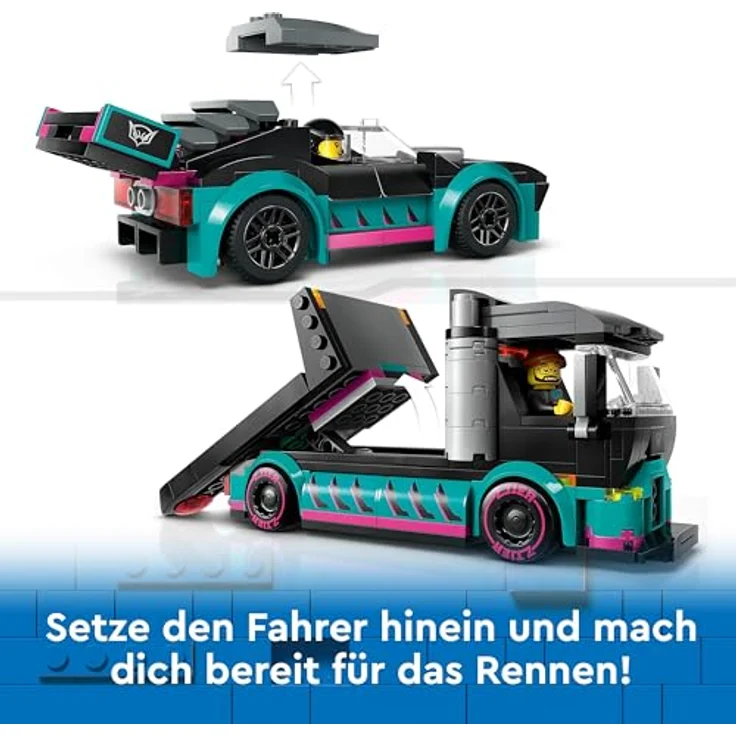 LEGO City Autotransporter mit Rennwagen, LKW-Spielzeug mit Verstellbarer Laderampe und Renn-Auto, Bauset mit 2 Minifiguren, Rennfahrer und LKW-Fahrer, Kinder ab 6 Jahren 60406 – Bild 4