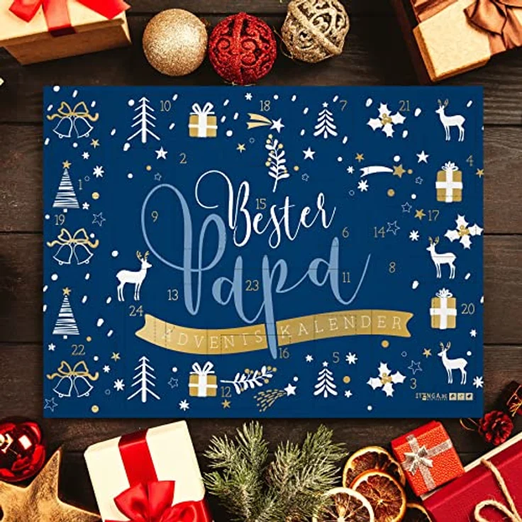 itenga Adventskalender Bester Papa blau gold gefüllt mit 24 Überraschungen z.B. Aftershave Lotion, Duschgel, Mini Wasserwaage perfekter Begleiter während der Vorweihnachtszeit für Männer – Bild 5