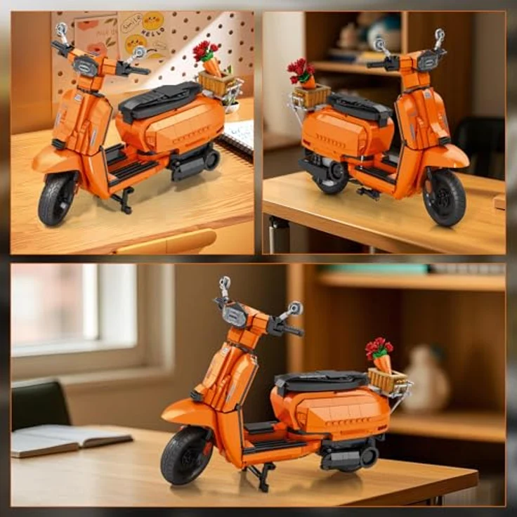 Reobrix V200 Motorrad-Baustein-Spielzeug, Maßstab 1:5, blau mit Korb-Bouquet-Ständer, 11036 Sammlungsfahrzeug, für Heimdekoration und Geschenke – Bild 3