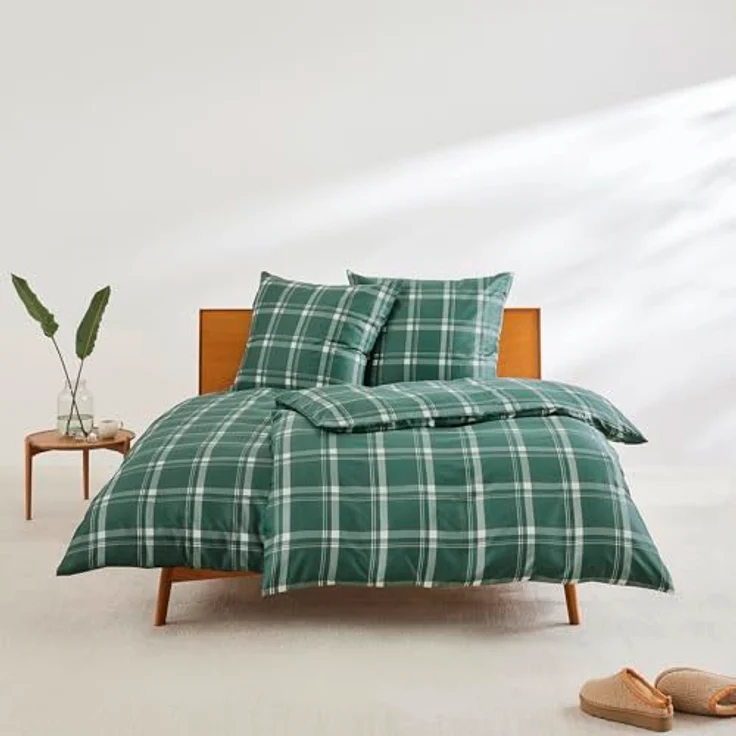 s.Oliver Mako Satin Bettwäsche Set 135x200 cm, 100% Baumwolle, grün Karo, mit Reißverschluss, weich & anschmiegsam – Bild 2
