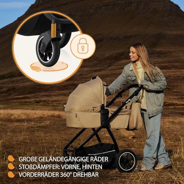 Lionelo Meril 2-in-1 Kombikinderwagen, XL-Babywanne bis 9 kg, Buggy bis 22 kg, geländegängige Gummiräder, Vollfederung, XXL-Verdeck - Black – Bild 4
