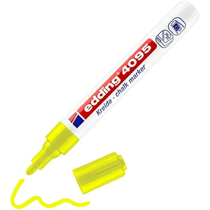 edding 4095 Kreidemarker - neon-gelb - 1 Kreidestift - Rundspitze 2-3 mm - Kreidestift für Tafel abwischbar - zum Beschriften von Fenster, Glas, Spiegel - Tafelstift mit deckenden Farben – Bild 1