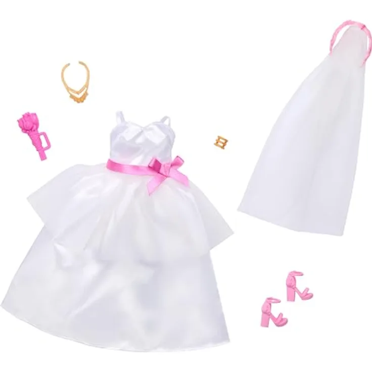 Barbie Fashions 2er-Pack Braut Mode, Satin-Hochzeitskleid in Weiß mit rosa Akzenten und Zubehör