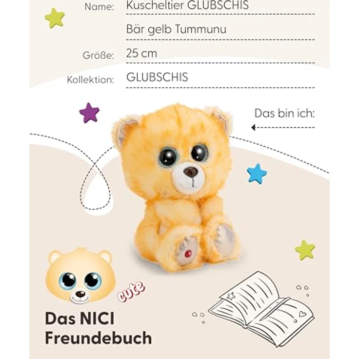 NICI GLUBSCHIS Bär Tummunu, 25cm Kuscheltier aus weichem Plüsch in Gelb mit Glitzeraugen, ideales Plüschtier zum Kuscheln und Spielen für Kinder & Erwachsene, tolle Geschenkidee | 63037 – Bild 5