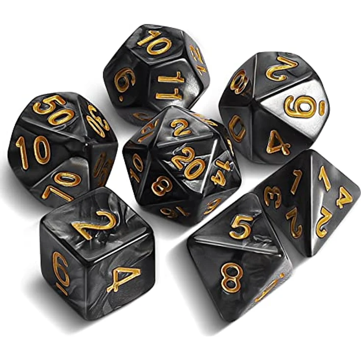 QMAY DND Dice Polyedrisches Würfel Set, 7 Stück für Dungeons und Dragons, D20, D12, D10, D%, D8, D6, D4, Acryl, Schwarz, mit Samtbeutel – Bild 1