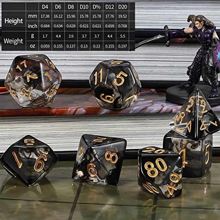 QMAY DND Würfel Set, 7 polyedrische Spielwürfel für Dungeons & Dragons, schwarz mit schwimmender Seide transparent, inkl. Samtbeutel – Bild 3