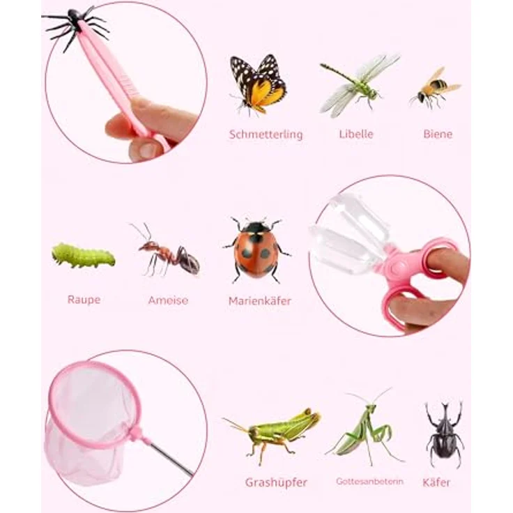ROBOTIME Insektenfänger & Kinder-Entdecker-Set, 8-in-1 Outdoor-Forscherset mit Lupe, Insektenbeobachter, Tragetasche, pink, für Jungen und Mädchen 3-12 Jahre – Bild 2