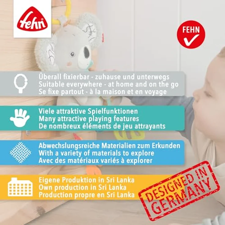 Fehn Greifspielzeug Otter Theo, Activity-Würfel mit Befestigungsring, Motorik-Spielzeug für Babys ab 0+ Monaten, 10 x 10 cm, inkl. Rasselring und Softbeiß-Element – Bild 6