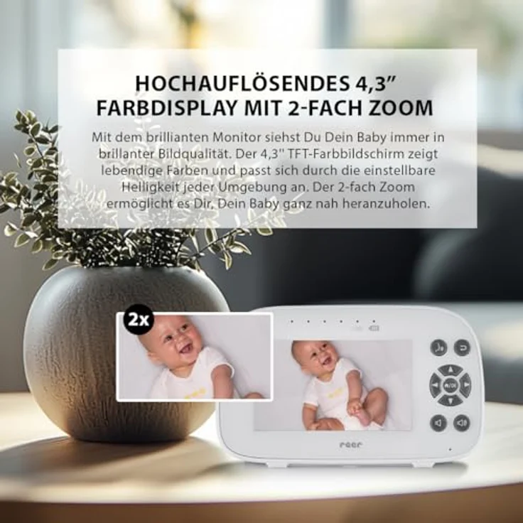 Reer BabyCam XL Move, digitales Video-Babyphone mit 4,3" TFT-Bildschirm, abhörsicherer FHSS-Technologie, 300m Reichweite, schwenk- & neigbarer Kamera, Nachtsicht, Gegensprechfunktion, weiß – Bild 4