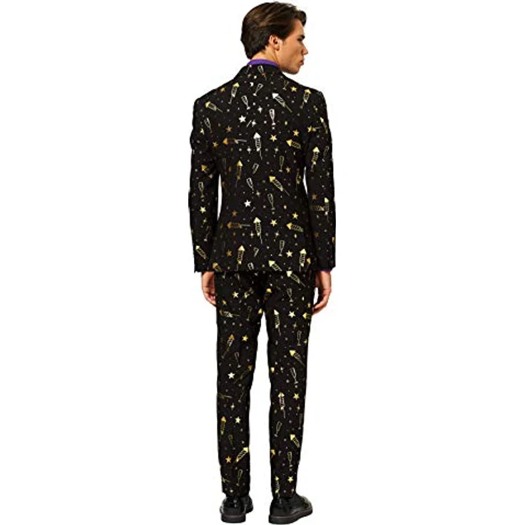 OppoSuits Fancy Fireworks (54), schwarzer Anzug mit goldenen Raketen und Sektgläsern, dreiteilig mit Jacket, Hose und Krawatte – Bild 2