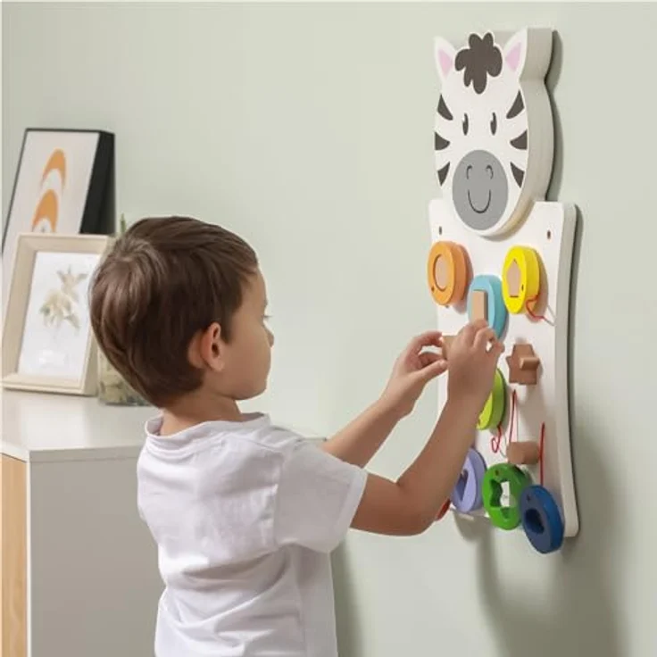 TikTakToo Motorikbrett Zebra, motorische Wandaktivität aus FSC-Holz mit Formen-Steckspiel und Motorikschleifen, 36 x 55 x 3,5 cm, für Kinder ab 18 Monaten – Bild 4