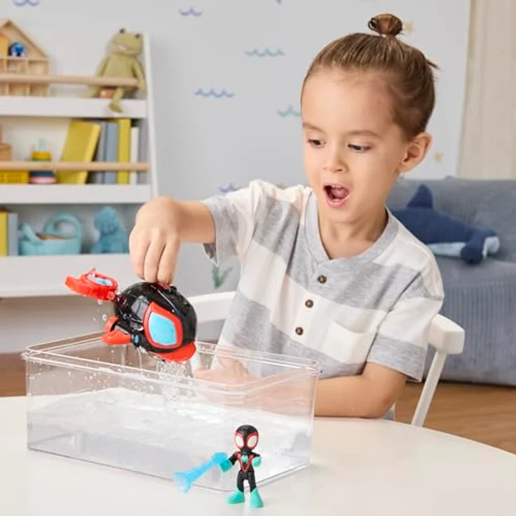 Spidey and his Amazing Friends Marvel Spidey Water-Webs Spielzeug mit 7,6 cm Miles „Spin“ Morales Figur & Delfin-U-Boot – Farbwechsel-Augen, abnehmbares Netz-Accessoire – Disney Jr. – Bild 4