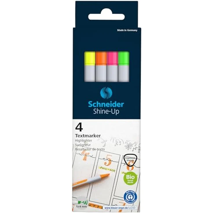 Schneider Shine-Up Textmarker (Strichstärke 1 + 4 mm, aus biobasiertem Kunststoff, ausgezeichnet mit Der blaue Engel), 4 Stück sortiert – Bild 2