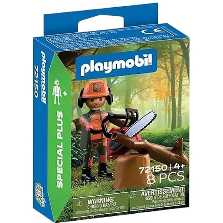 PLAYMOBIL Forstarbeiter mit Kettensäge, Holzfällerfigur mit grau-orangefarbener Uniform, Helm und Zubehörset für Abenteuer im Wald – Bild 1