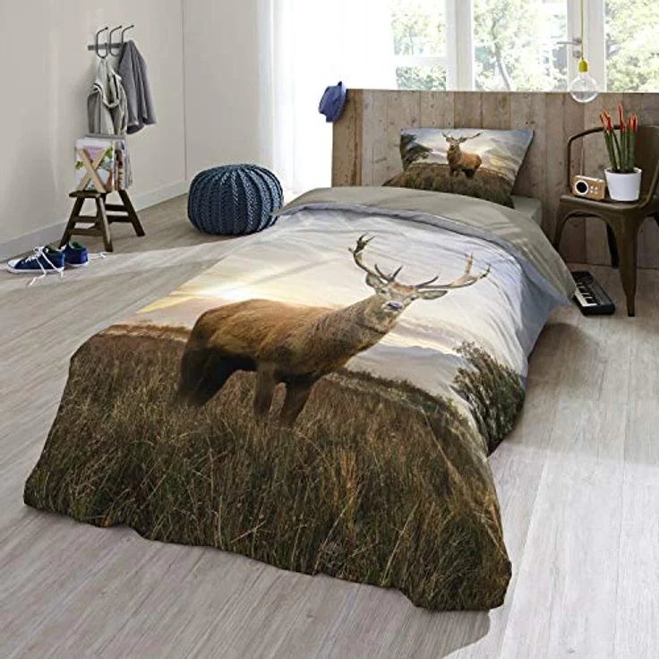 ESPiCO Bettwäsche Trendy Bedding Hirsch Tiermotiv Geweih Sonnenaufgang Rotwild Wildtier, Größe:135 cm x 200 cm – Bild 5
