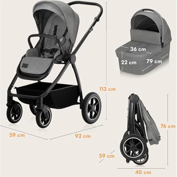 Lionelo Meril Kombikinderwagen 3-in-1, Babywanne bis 9 kg, Kindersitz bis 13 kg, für 0-48 Monate bis 22 kg, Geländeräder 360°, Vollfederung - Grau – Bild 9