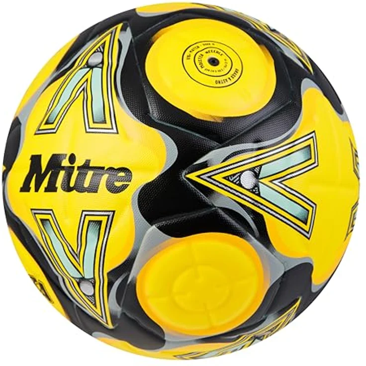 Mitre Delta Fußball, langlebig mit verbesserter Genauigkeit und Konsistenz, Gelb/Schwarz/Grau (Fluo-Gelb/Schwarz/Kreisgrau), Größe 5 – Bild 2