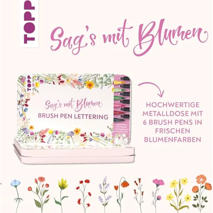 Topp Faserstift Handlettering Designdose Brush Pens Sag's mit Blum, 13 Teile - Kreative Handlettering-Metalldose mit 6 Brush Pens und Transferstickern in tollem Design – Bild 2
