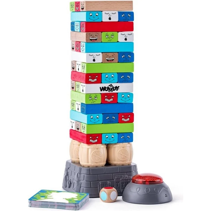 Woodyland Lernspielzeug 10212, Stapelspiel "ELECTRONIC-TOWER" aus Holz/Kunststoff, 49-teilig mit Buzzer und Würfel