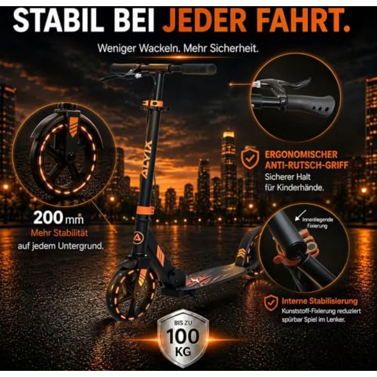 ALVIX Cityroller Kinderroller K-Serie, faltbar mit Handbremse, 200-mm-LED-Rädern, breites 120-mm-Deck, Tragegurt, für Kinder ab 6 Jahren – Bild 4