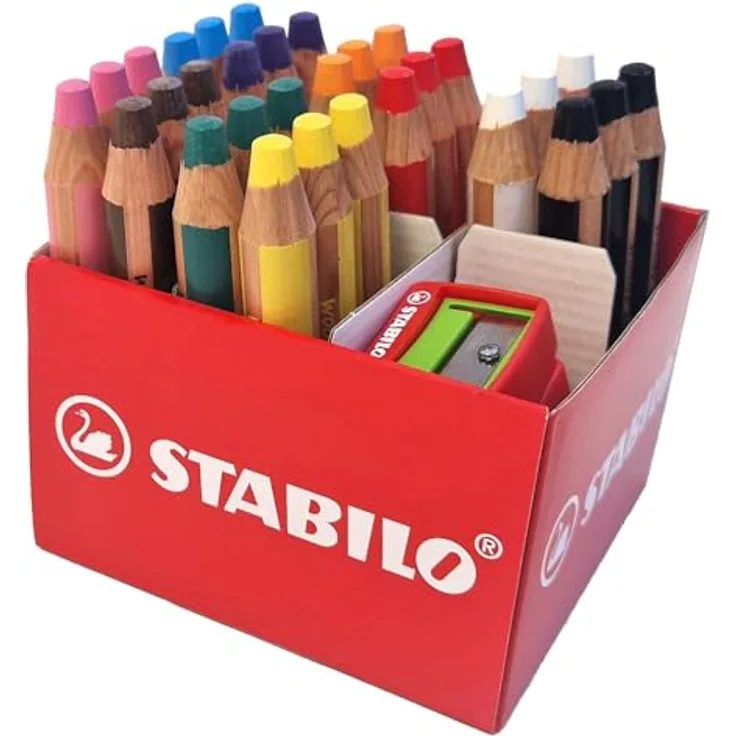STABILO Buntstift, Wasserfarbe & Wachsmalkreide woody 3 in 1-30er Box mit 2 Spitzern - mit 10 verschiedenen Farben, Hohe Deckkraft und wasservermalbar