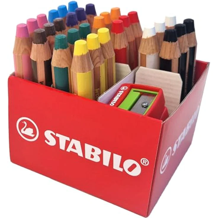STABILO Buntstift, Wasserfarbe & Wachsmalkreide woody 3 in 1-30er Box mit 2 Spitzern - mit 10 verschiedenen Farben, Hohe Deckkraft und wasservermalbar – Bild 1