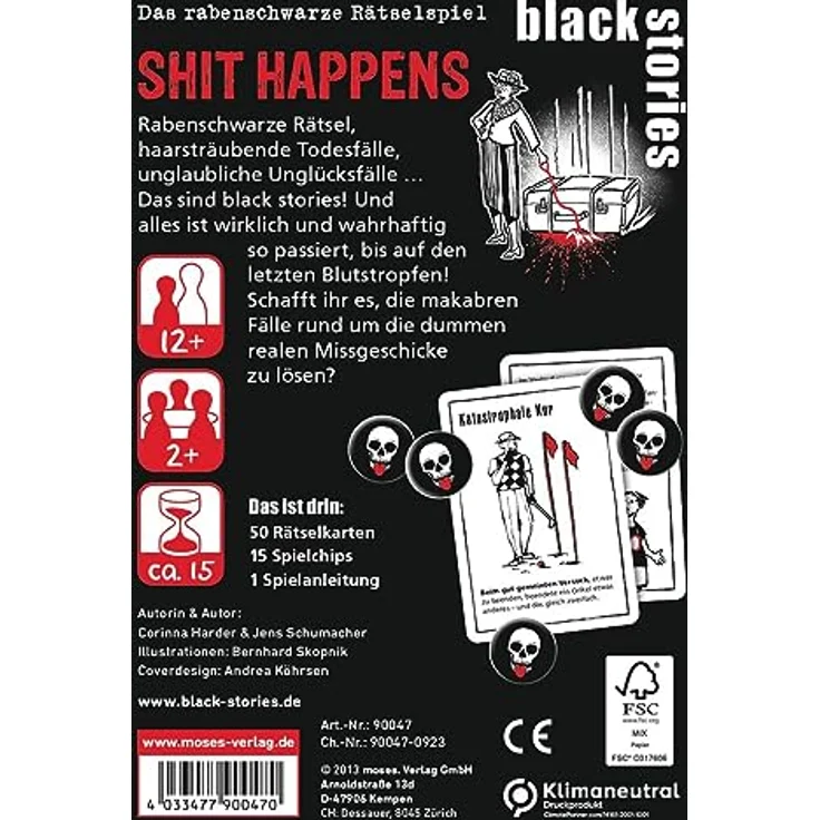Moses. Black Stories Shit Happens - Krimi Kartenspiel mit Spielvariante und Punktechips, handliches Rätselspiel für Jugendliche und Erwachsene – Bild 3