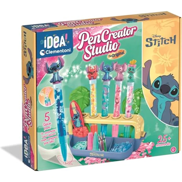 Clementoni Stift Atelier Stitch, Kreatives Set zur Stifte-Herstellung mit 5 Stitch-Figuren, farbiger Tinte und Verzierungen – Bild 1