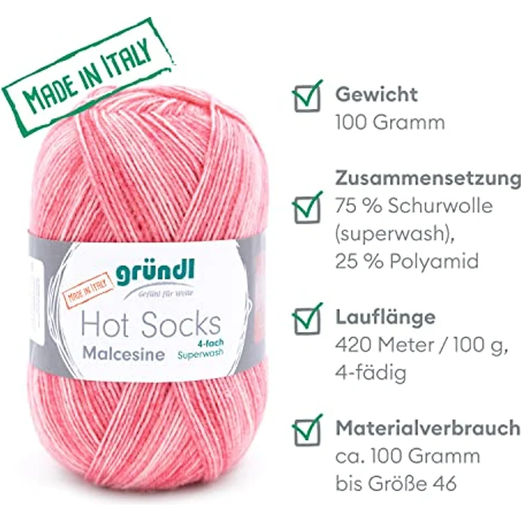 Gründl Hot Socks Malcesine (Sockenwolle aus 75% Schurwolle (superwash) und 25% Polyamid, Made in Italy, 4-fach Sockengarn, 100 g / 420 m, Nadelstärke: 2,5 mm - 3 mm, 1 x 100 g), koralle multicolor – Bild 2