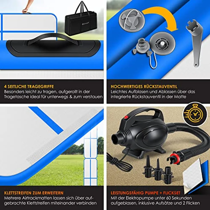 KESSER® Turnmatte Aufblasbar Airtrack Fitness-Matte Gymnastikmatte 3/4/5/6m | inkl. Tragetasche & elektr. Luftpumpe | Yogamatte, Tumbling Matten , Trainingsmatte Sportmatte Yoga, Turn- & Fitness Blau, 400 x 100 x 10 cm – Bild 4