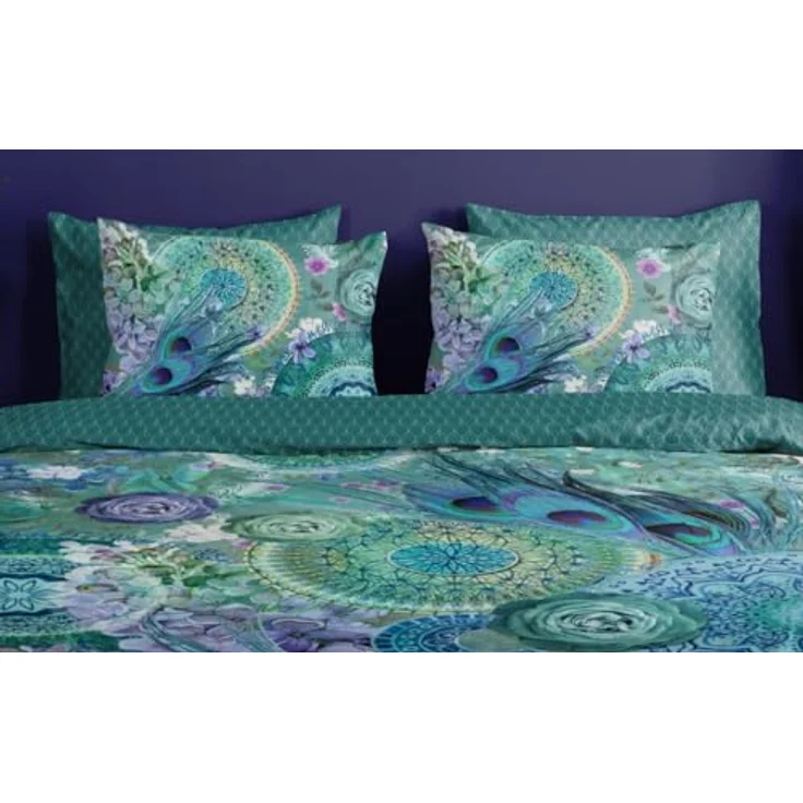 Hip Satin Wende-Bettwäsche Kari natürlich 100% Reine Baumwolle | Bettwäsche Set blau grün mit Pfauenfedern Mandalas | 200 cm x 200 cm Azur-blau, Kinderbettwäschen – Bild 3