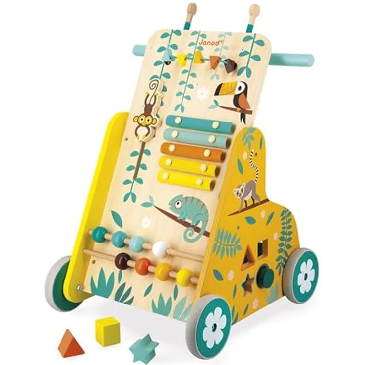 Janod - Multi-Aktivitätswagen Tropik - Laufwagen aus Holz - Lernspielzeug mit 6 Aktivitäten - Leise Räder und Feststellschraube - FSC-zertifiziert - Wasserfarbe - Ab 1 Jahr, J08269 – Bild 2
