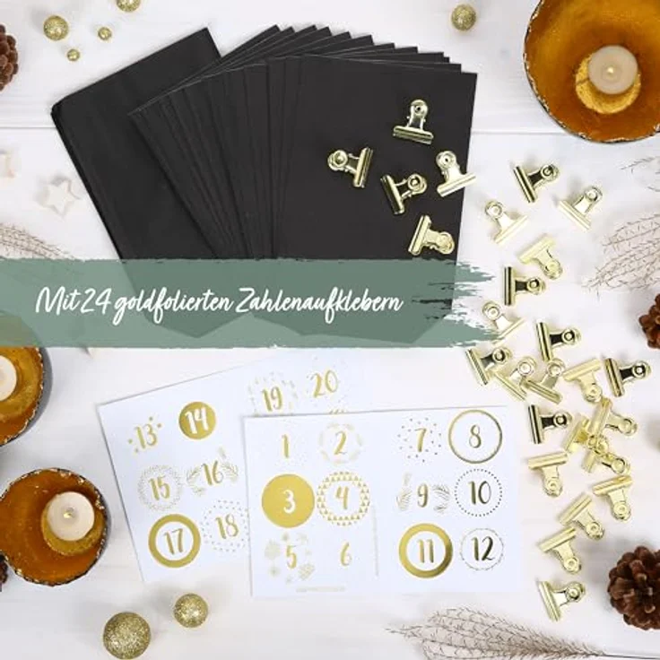 PAPIERDRACHEN Extravaganter Adventskalender zum Befüllen - mit 24 schwarzen Geschenktüten und 24 Zahlenaufklebern und Klammern - Motiv Elegance - zum Basteln und Verschenken - Weihnachten & Advent – Bild 3