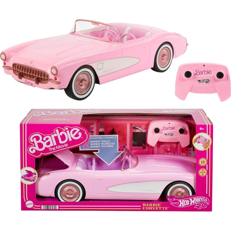 Barbie RC-Auto Hot Wheels Barbie The Movie, RC Corvette Cabrio, ferngesteuertes Fahrzeug für Barbie-Puppen, Geschwindigkeit bis zu 8 km/h – Bild 1