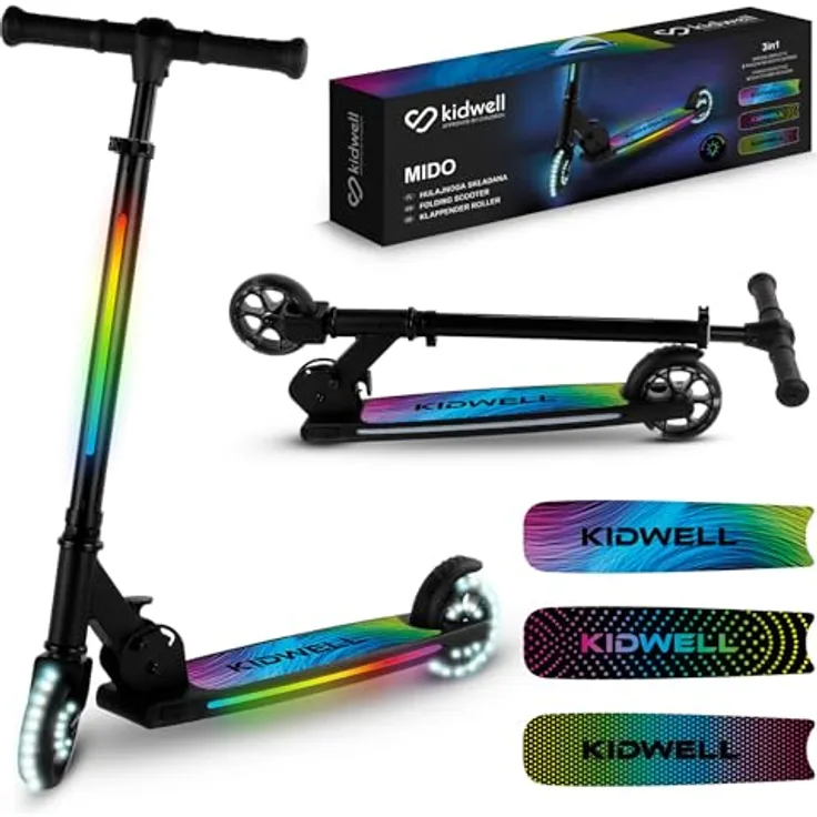 COIL MIDO Balance Scooter, Kinderroller mit Anti-Rutsch-Plattform, ABEC-7-Lager und LED-Rädern, Schwarz, ab 5 Jahren