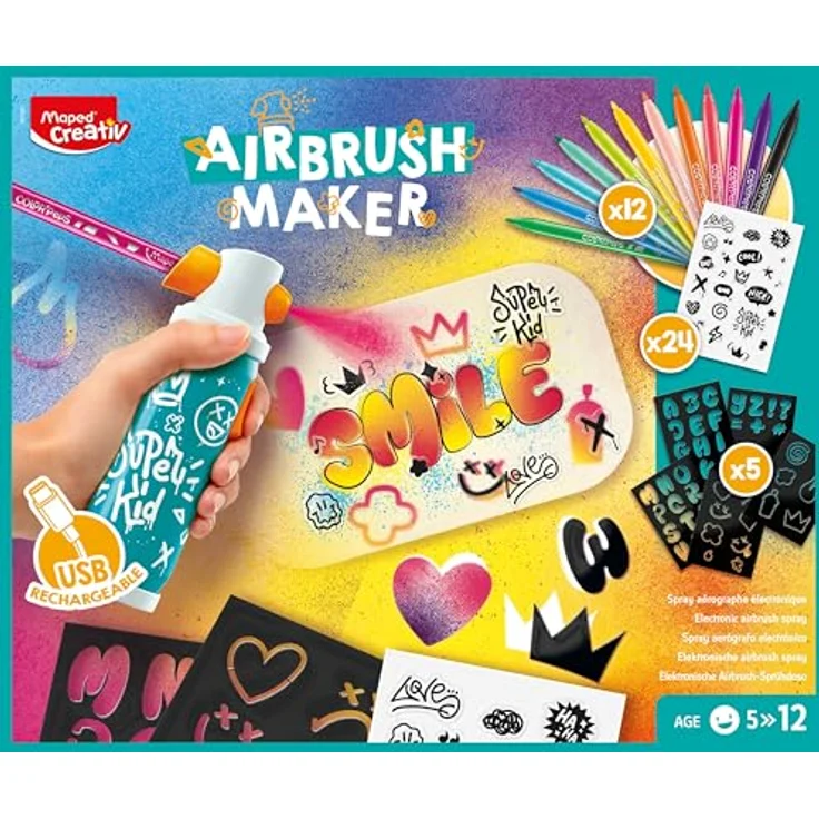Maped CREATIV AIRBRUSH MAKER 907080, Graffiti Set für Kinder ab 5 Jahren mit wiederaufladbarem Airbrush, 12 Filzstiften JUNGLE, 5 Schablonen, Stickern & A5 Papier – Bild 1
