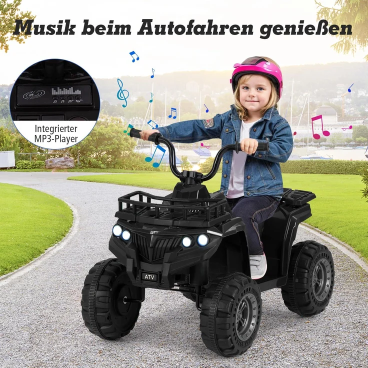GOPLUS Kinder Quad Elektro 6V, Ride-On ATV mit MP3-Player, LED-Scheinwerfern, Ein-Knopf-Start und rutschfesten Griffen, schwarz