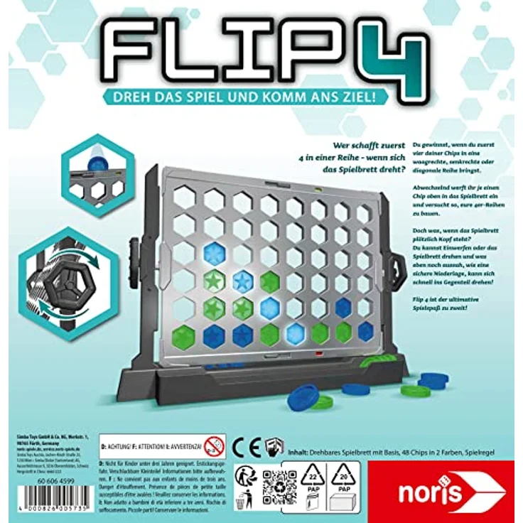 Noris 606064599 - Flip4 - Spiele-Klassiker 4er-Reihe zum Drehen, für Kinder ab 6 Jahre, Strategie-Spiel für 2 Spieler – Bild 2
