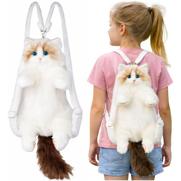 Wisam Plüschkatzen-Rucksack, Maskottchen mit verstellbaren Trägern, weiß