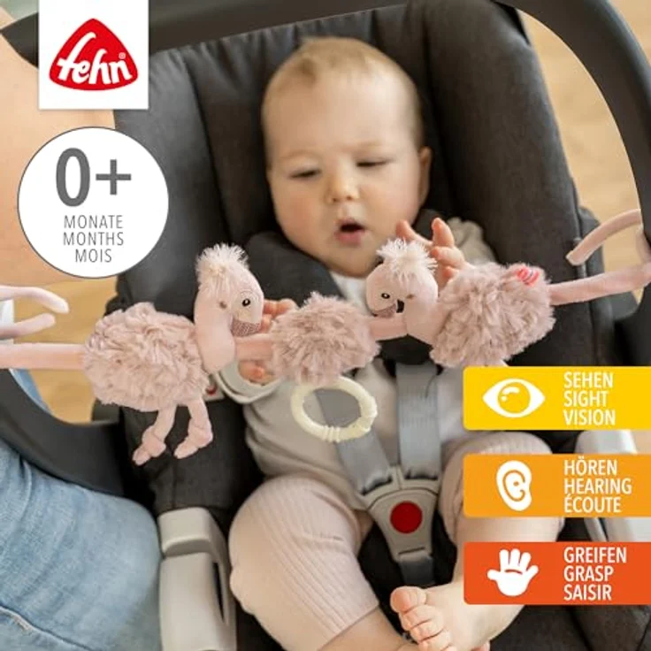 Fehn Kinderwagenkette Flamingo, Spielkette mit Rasselgeräuschen und Greifring, pink – Bild 2