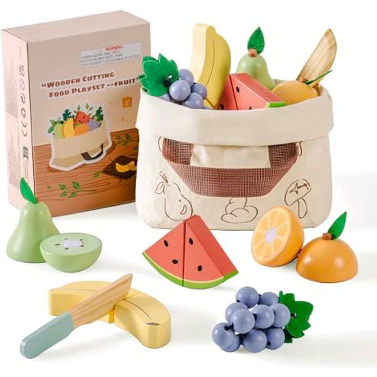 ROBOTIME Holz-Obst-Schneideset für Kinder, Realistisches Spielzeug mit Banane, Birne, Wassermelone, Trauben, Klettverschluss und Tragetasche für sicheres Rollenspiel – Bild 1