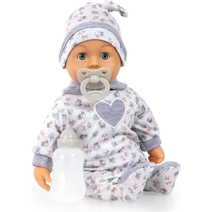 Bayer Babypuppe First Words Baby, 38 cm, grau, mit Schlafaugen, Babygeräuschen und Zubehör (Flasche, Schnuller)